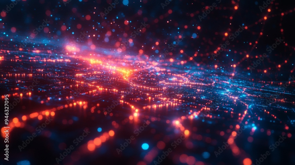 Fototapeta premium A vibrant holographic interface reveals complex connections with glowing points of light, showcasing dynamic data flow in a digital environment.