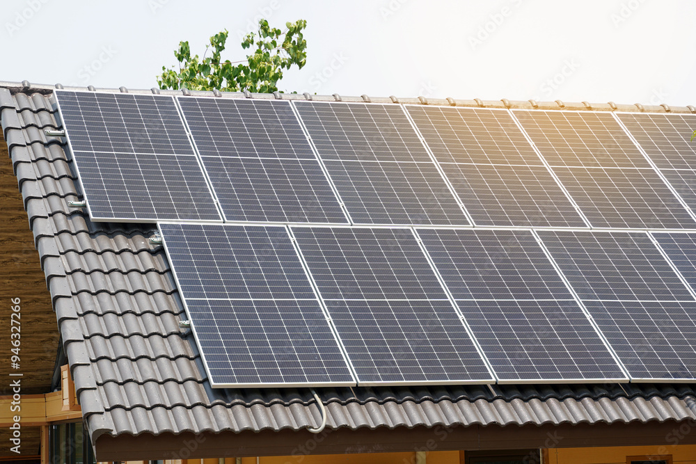 Houses that use solar cells Generating electricity for own use, concept, renewable energy, energy and environment conservation, global warming.