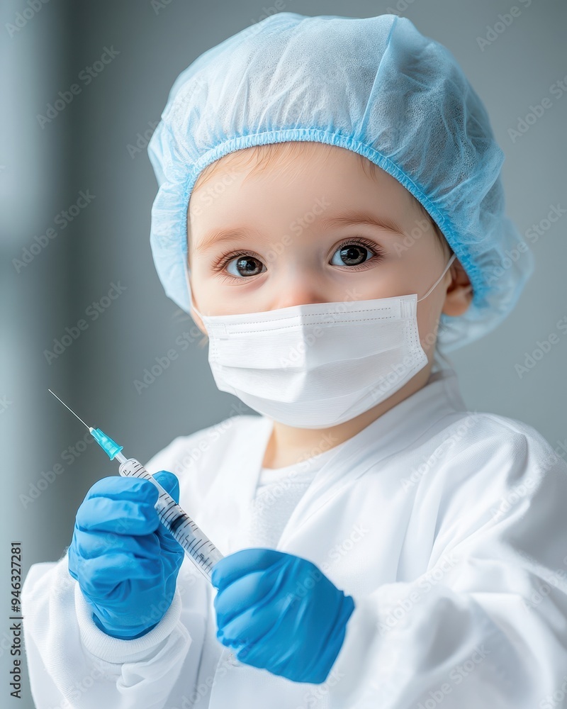 A young child dressed in medical attire, holding a syringe and looking confidently at the camera, embodying future healthcare aspirations. A young child dressed in medical attire, holding a syringe and looking confidently at the camera, embodying future healthcare aspirations.