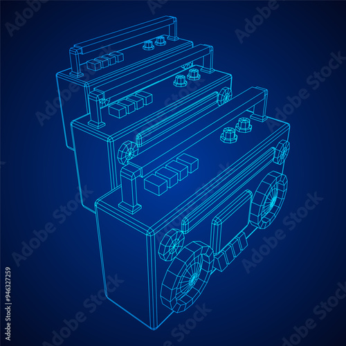 Retro Boombox outdated portable cassette tape recorder. Wireframe low poly mesh vector illustration.