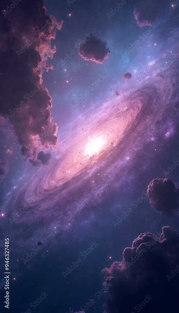 Obraz premium Breathtaking galaxy view with colorful nebulae, twinkling stars, and deep space background. Vivid purples, blues, and pinks create a sense of wonder and infinity, ideal for sci-fi themes or dreamy