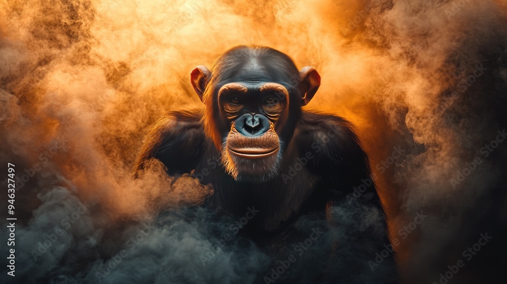 A chimpanzee with a serious expression in a cloud of golden smoke. A chimpanzee with a serious expression in a cloud of golden smoke.