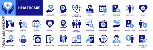 Healthcare icons set. Including Health, Prevention, Report, Temperature Check, Symptoms, Checkup, Medic, Diagnosis, Injury and more. Dual Color Blue Flat Style vector icons collection