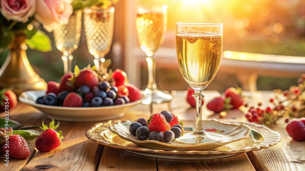 Golden champagne flute and delicate china plate adorned with fresh berries, surrounded by warm morning light, evoke a luxurious and indulgent breakfast atmosphere. Golden champagne flute and delicate china plate adorned with fresh berries, surrounded by warm morning light, evoke a luxurious and indulgent breakfast atmosphere.