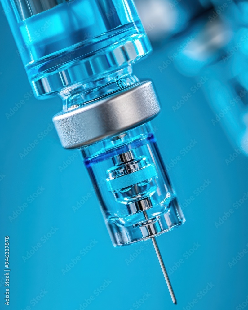 Close-up of a syringe filled with blue liquid, highlighting the precision of medical equipment and vaccination processes. Close-up of a syringe filled with blue liquid, highlighting the precision of medical equipment and vaccination processes.