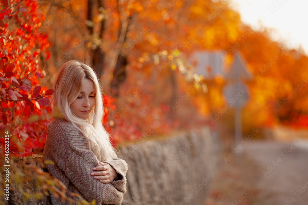 A beautiful girl with loose long blond hair walks in the fall park and admires the views of the red autumb park atmosphere. The woman is wearing jeans, a sweater A beautiful girl with loose long blond hair walks in the fall park and admires the views of the red autumb park atmosphere. The woman is wearing jeans, a sweater