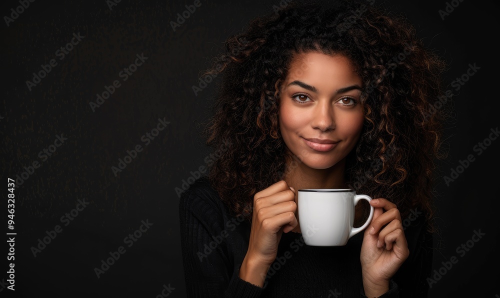 An elegant woman with long hair enjoys a cup of coffee against a dark background, exuding sophistication and calm An elegant woman with long hair enjoys a cup of coffee against a dark background, exuding sophistication and calm