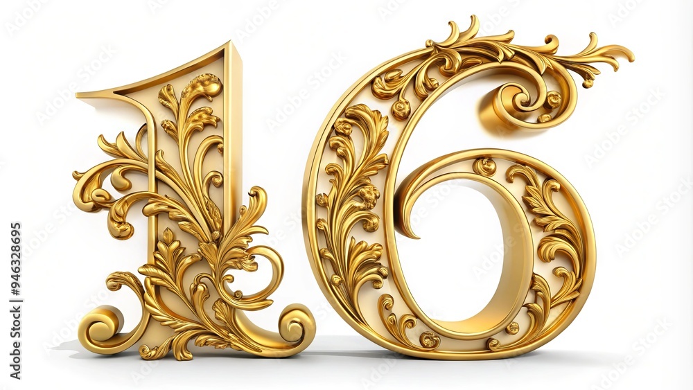 Golden ornate numeral 16 decoration with intricate floral patterns and swirls on a white background, perfect for luxury, anniversary, and birthday celebration designs. Golden ornate numeral 16 decoration with intricate floral patterns and swirls on a white background, perfect for luxury, anniversary, and birthday celebration designs.