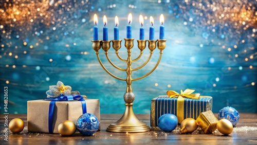 Golden menorah with nine lit candles, traditional dreidel, and festive blue and white decorations on a colorful background, celebrating the joy of Hanukkah.
