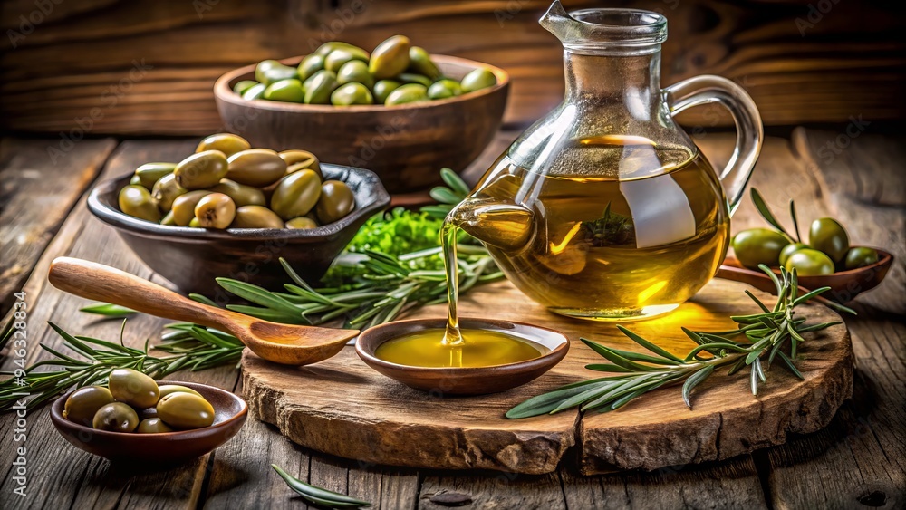 Golden olive oil pours from a rustic ceramic bottle, surrounded by fresh green olives, herbs, and rustic wooden utensils on a vintage wooden table.