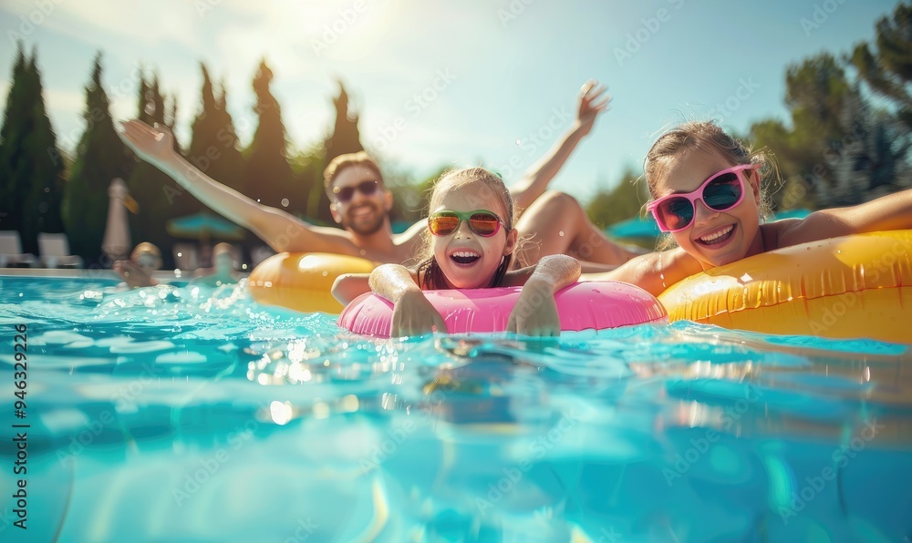 Obraz premium A group of friends have fun at a pool party, enjoying the sun and water, sharing laughter and good times together.