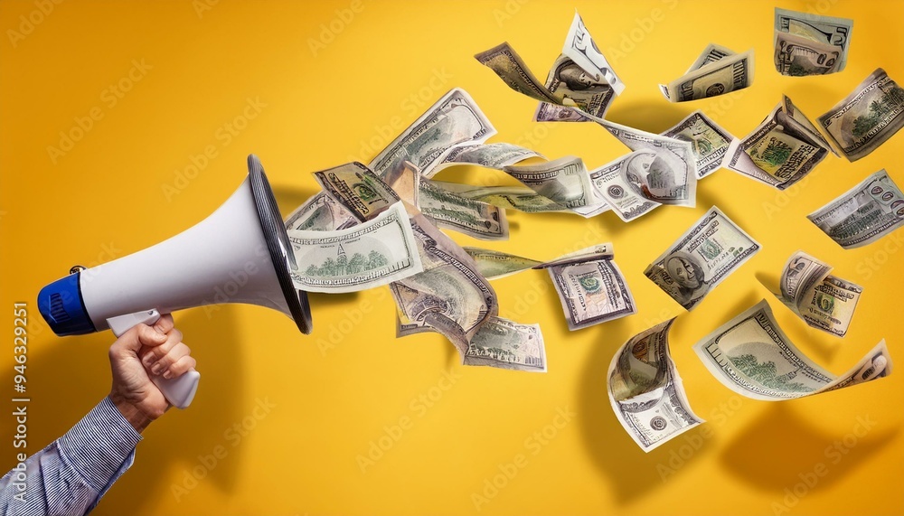 Fototapeta premium Megaphone and falling banknotes on yellow background, marketing concept, Generative AI
