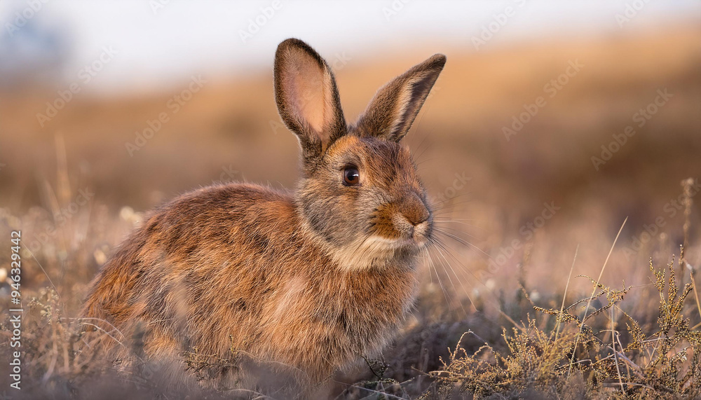 Fototapeta premium Brown bunny sitting in field, face to camera. Wild or farm animal.