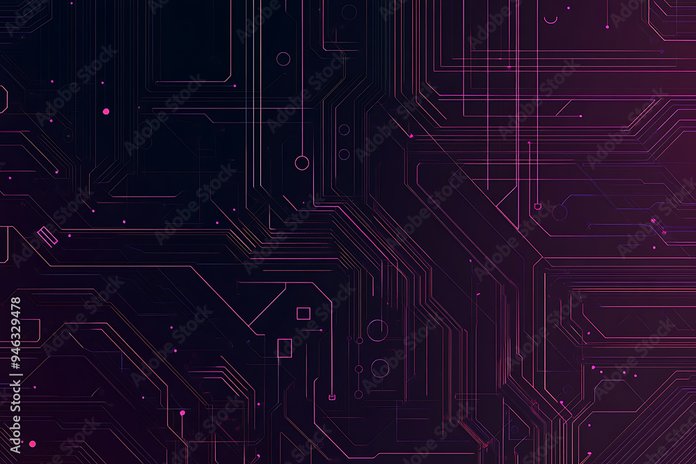 Abstract representation of a circuit board with glowing neon lines and geometric patterns against a dark background. The image evokes a high-tech, futuristic feel with ample copy space Abstract representation of a circuit board with glowing neon lines and geometric patterns against a dark background. The image evokes a high-tech, futuristic feel with ample copy space