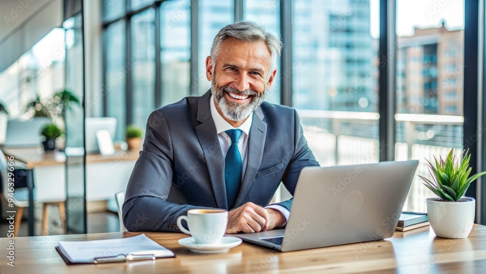 Happy mature businessman sitting in front of a laptop with a bright smile, surrounded by papers and coffee cups in a modern office setting. Happy mature businessman sitting in front of a laptop with a bright smile, surrounded by papers and coffee cups in a modern office setting.