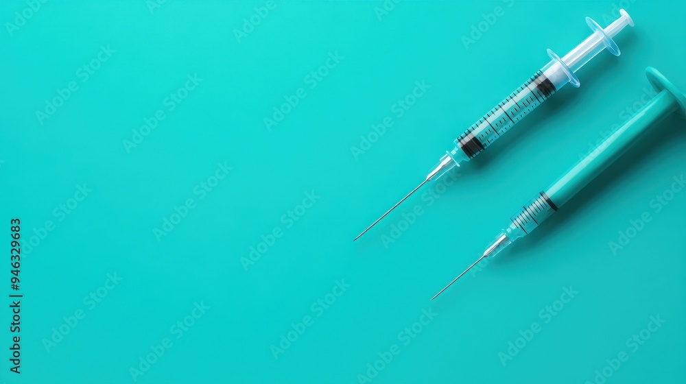 Two medical syringes on a vibrant turquoise background, symbolizing health, vaccination, and medical advancements. Two medical syringes on a vibrant turquoise background, symbolizing health, vaccination, and medical advancements.