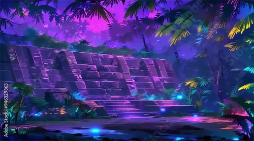 The vibrant jungle ruins are uniquely illuminated with vivid neon colors, surrounded by lush vegetation and flora