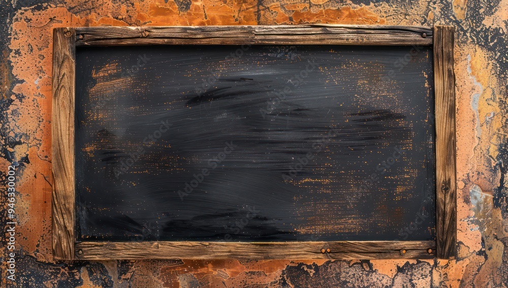 Classroom blackboard with rustic wooden edges on a bright copper background, ideal for educational concepts Ample space for text