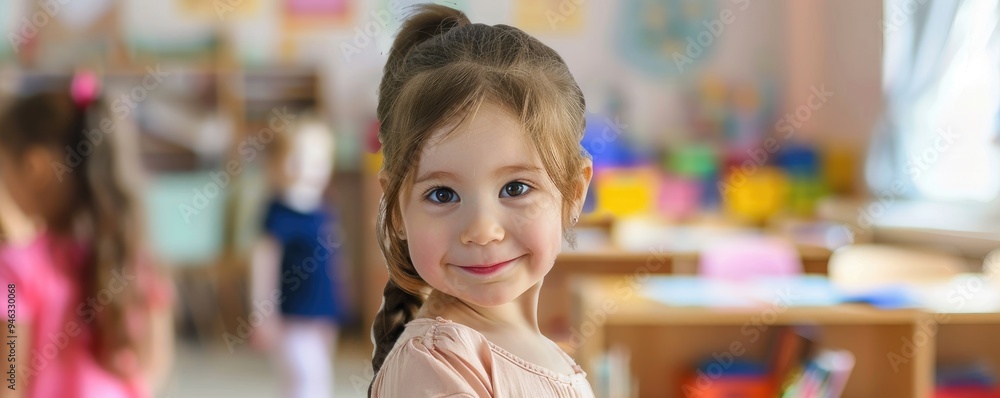 Smiling child in classroom, school setting, happy atmosphere. Smiling child in classroom, school setting, happy atmosphere.
