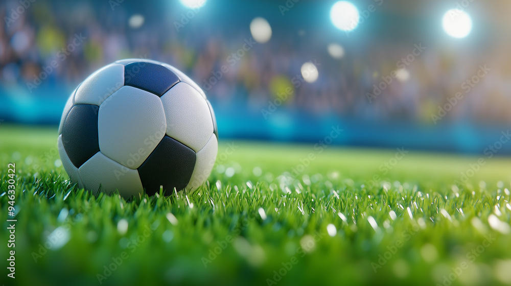 Naklejka premium Soccer Ball on Green Field: A classic soccer ball rests on a lush green field under the bright lights of a stadium, capturing the anticipation and excitement of a game yet to be played. 