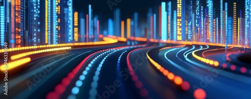 Abstract cityscape with colorful neon lights and speeding car trails. photo