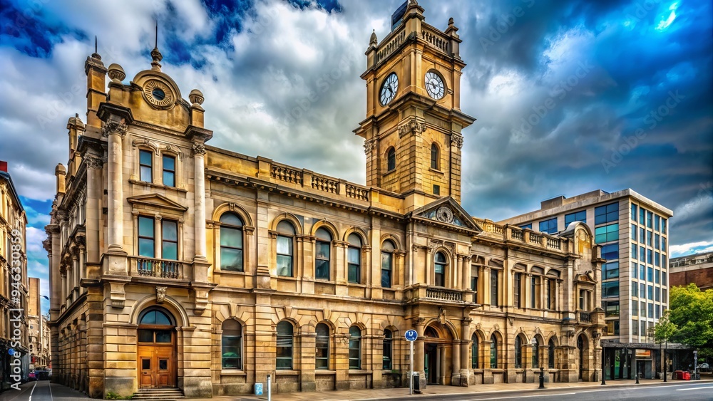 Fototapeta premium Historic former postal building with ornate clock tower, worn stone façade, and faded signage, evoking nostalgia for a bygone era of communication.