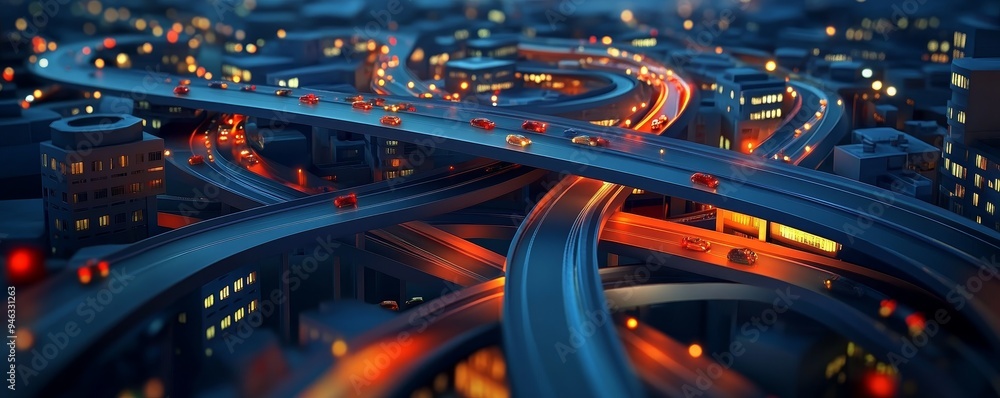 Aerial view of a city highway interchange at night. Aerial view of a city highway interchange at night.