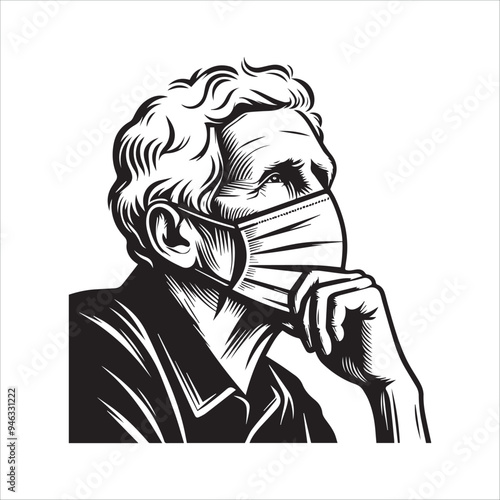 Elderly man wearing a face mask looking thoughtfully vector illustration silhouette