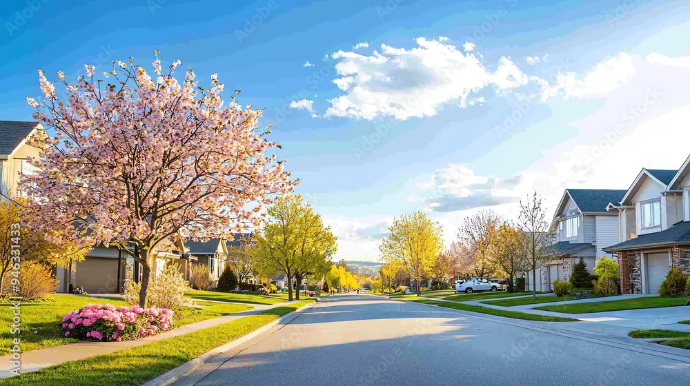 A serene suburban street lined with blooming trees and beautiful houses under a clear blue sky. suburban development concept. A serene suburban street lined with blooming trees and beautiful houses under a clear blue sky. suburban development concept.