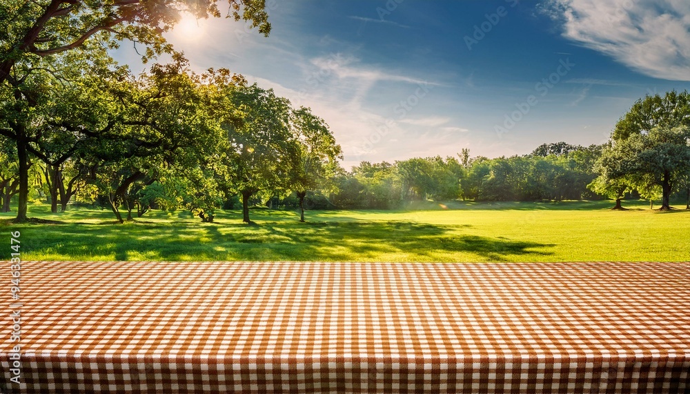 Obraz premium Picnic in park with garden and trees, Picnic table in park with trees, Generative AI