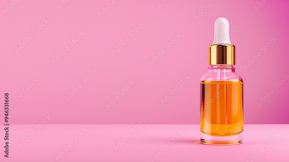 Dropper Bottle with Golden Cap on Pink Background Dropper Bottle with Golden Cap on Pink Background