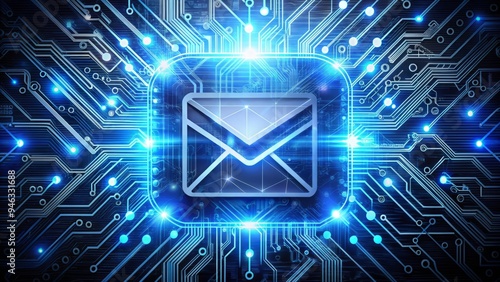 Illuminated envelope icon amidst swirling abstract digital patterns and circuitry, symbolizing the fusion of traditional mail and modern electronic communication. photo