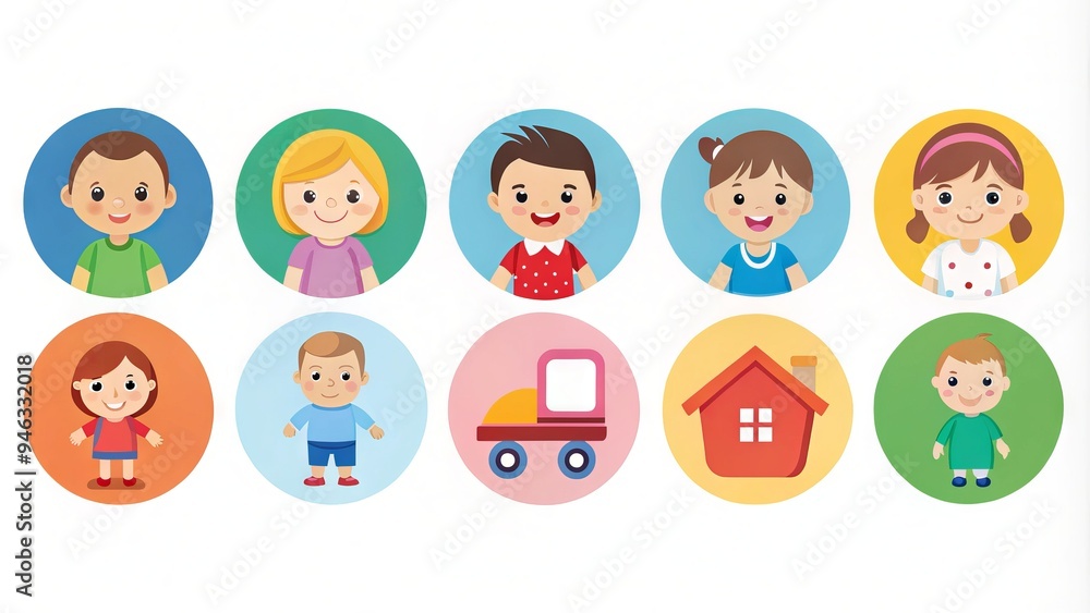 Fototapeta premium Illustrations of various childhood stages from infancy to adolescence, depicted as colorful icons showcasing milestones and developmental phases in a playful and simplified manner.
