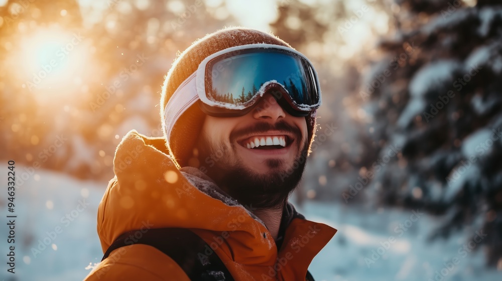 Smiling skier enjoys a sunlit winter day in a snowy forest with frost-covered trees in the background during late afternoon Smiling skier enjoys a sunlit winter day in a snowy forest with frost-covered trees in the background during late afternoon