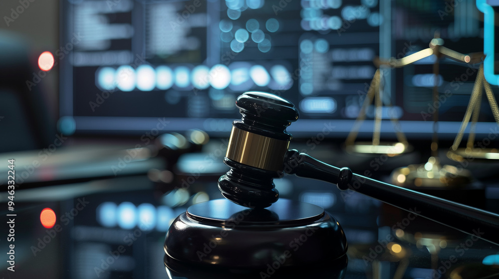 A hammer on a table with a monitor in the background represents the legal implications of artificial intelligence in technology and law.
