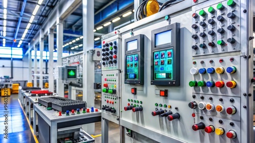 Industrial control panel with electronic components, wires, and LED displays, showcasing modern automation technology in a manufacturing or processing environment.