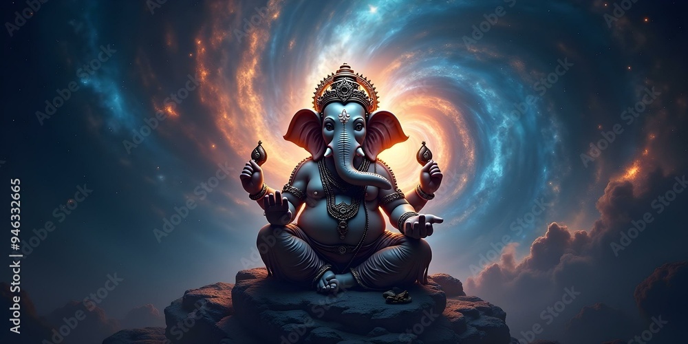 Fototapeta premium Powerful image of Ganesha set against a cosmic background with swirling galaxies, stars, and nebulae, symbolizing infinite power, ideal for spiritual artwork, meditation visuals