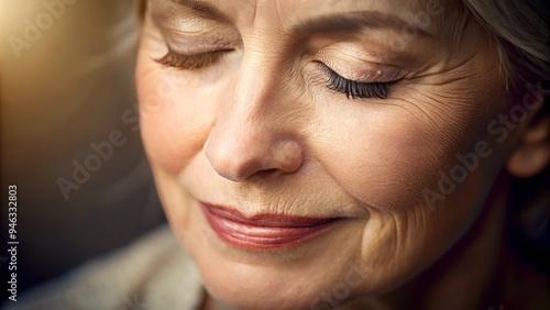 Intimate portrait of a person's face, eyes closed, soft focus, gentle lighting, highlighting subtle facial features, wrinkles, and gentle curves of the nose and lips.