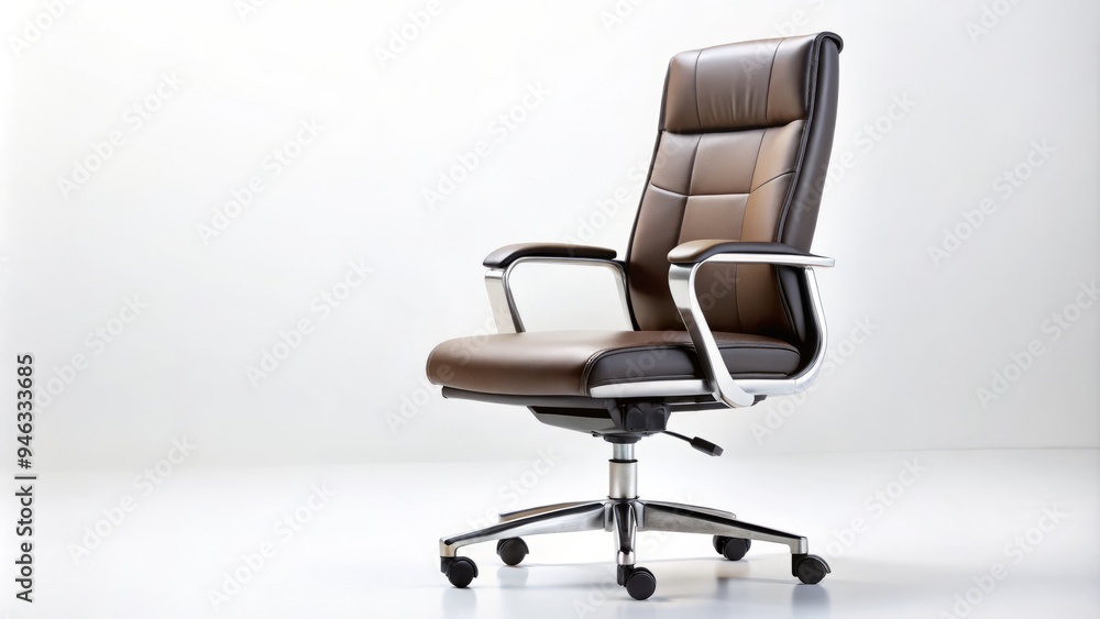 Isolated modern office chair with sleek design and caster wheels spotted on a clean and crisp pure white background, evoking a sense of professionalism. Isolated modern office chair with sleek design and caster wheels spotted on a clean and crisp pure white background, evoking a sense of professionalism.