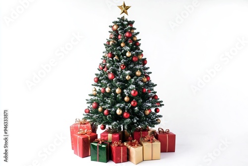 Decorated Christmas tree with presents for new year isolated on white background.