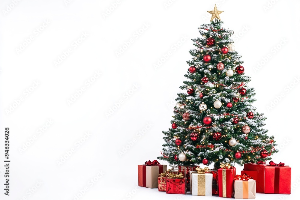Decorated Christmas tree with presents for new year isolated on white background. Generative Ai Decorated Christmas tree with presents for new year isolated on white background. Generative Ai