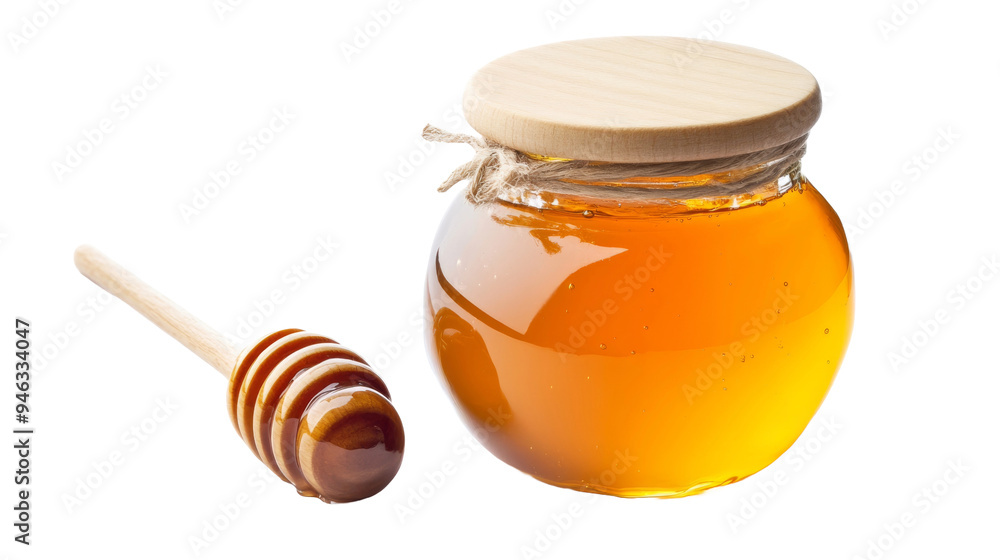 Organic honey in a glass jar with a wooden dipper, showcasing its rich, golden color, isolated on background. Organic honey in a glass jar with a wooden dipper, showcasing its rich, golden color, isolated on background.