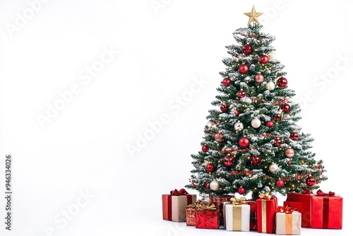 Decorated Christmas tree with presents for new year isolated on white background. Generative Ai