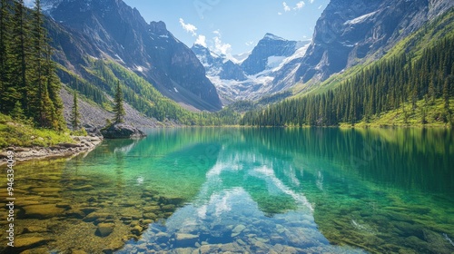 Crystal Clear Mountain Lake Surrounded by Majestic Peaks