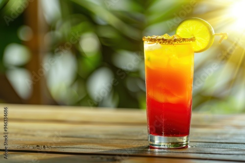 Amaretto Tequila Sunrise with amaretto and lime, served in a tall glass, Italian background, copy space for text