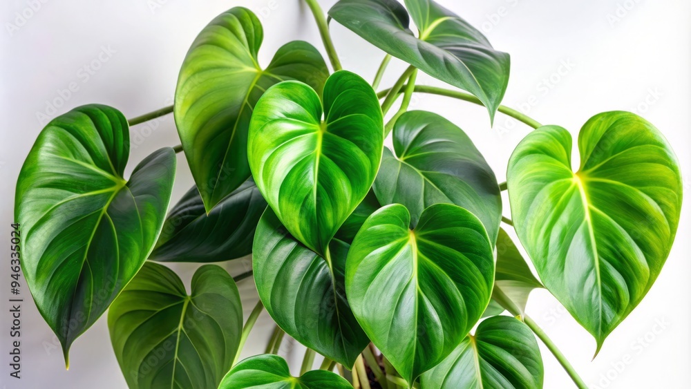 Lush green philodendron leaves with heart-shaped variegation and curled tendrils cascade downwards, set against a contrasting bright white background for stunning visual contrast.