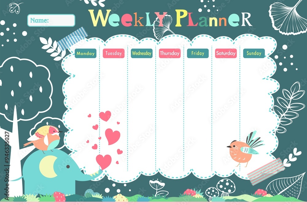 Weekly planner with baby elephant, birds and floral in flat cartoon ...