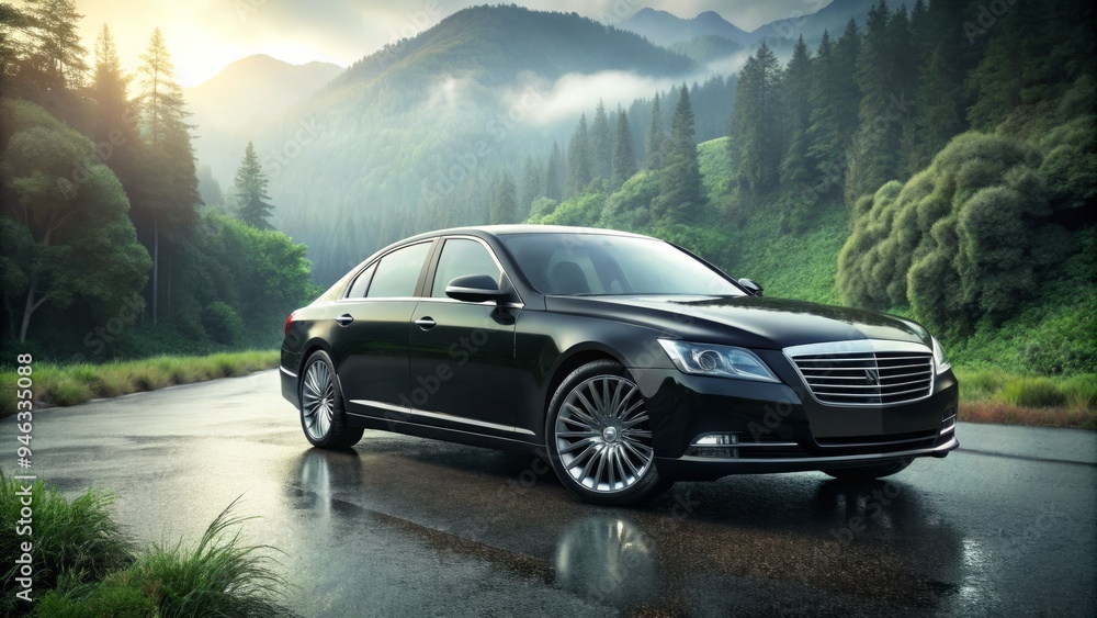 Fototapeta premium Luxurious black sedan with sleek design, chromed accents, and iconic grille parked on a deserted road surrounded by lush greenery and misty atmosphere.