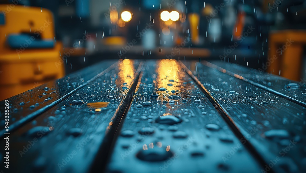 Close-up of a table in the middle, with focus on the wet wooden surface with water droplets. The background shows a workshop room with tools hanging from the ceiling. Close-up of a table in the middle, with focus on the wet wooden surface with water droplets. The background shows a workshop room with tools hanging from the ceiling.