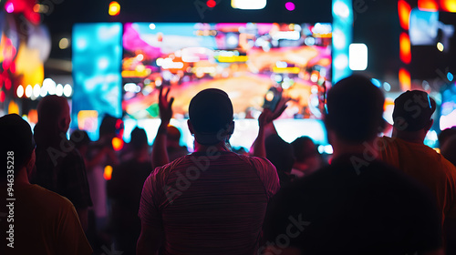 Crowded gaming convention with hundreds of enthusiastic gamers around massive LED screen, showcasing vibrant video game graphics and intense action, electric atmosphere with cheering and colorful LED